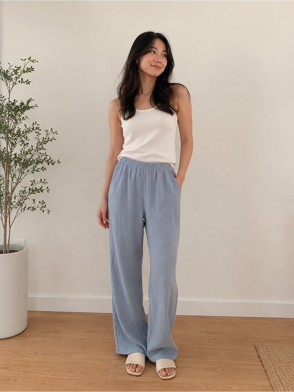Belle by Kim Gravel Pale Blue Wide-Leg Cotton Gauze Pull On Pants 30” inseam